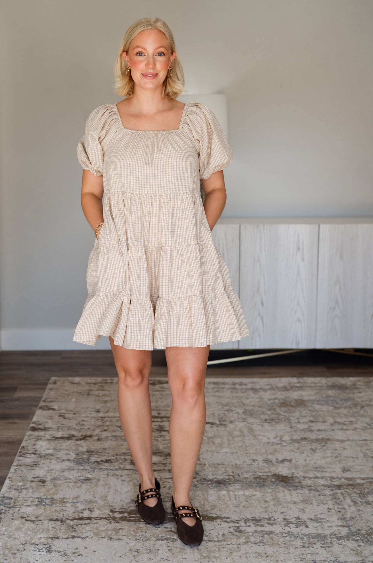 Gingham Puff Sleeve Tiered Dress - Ivory/Mocha
