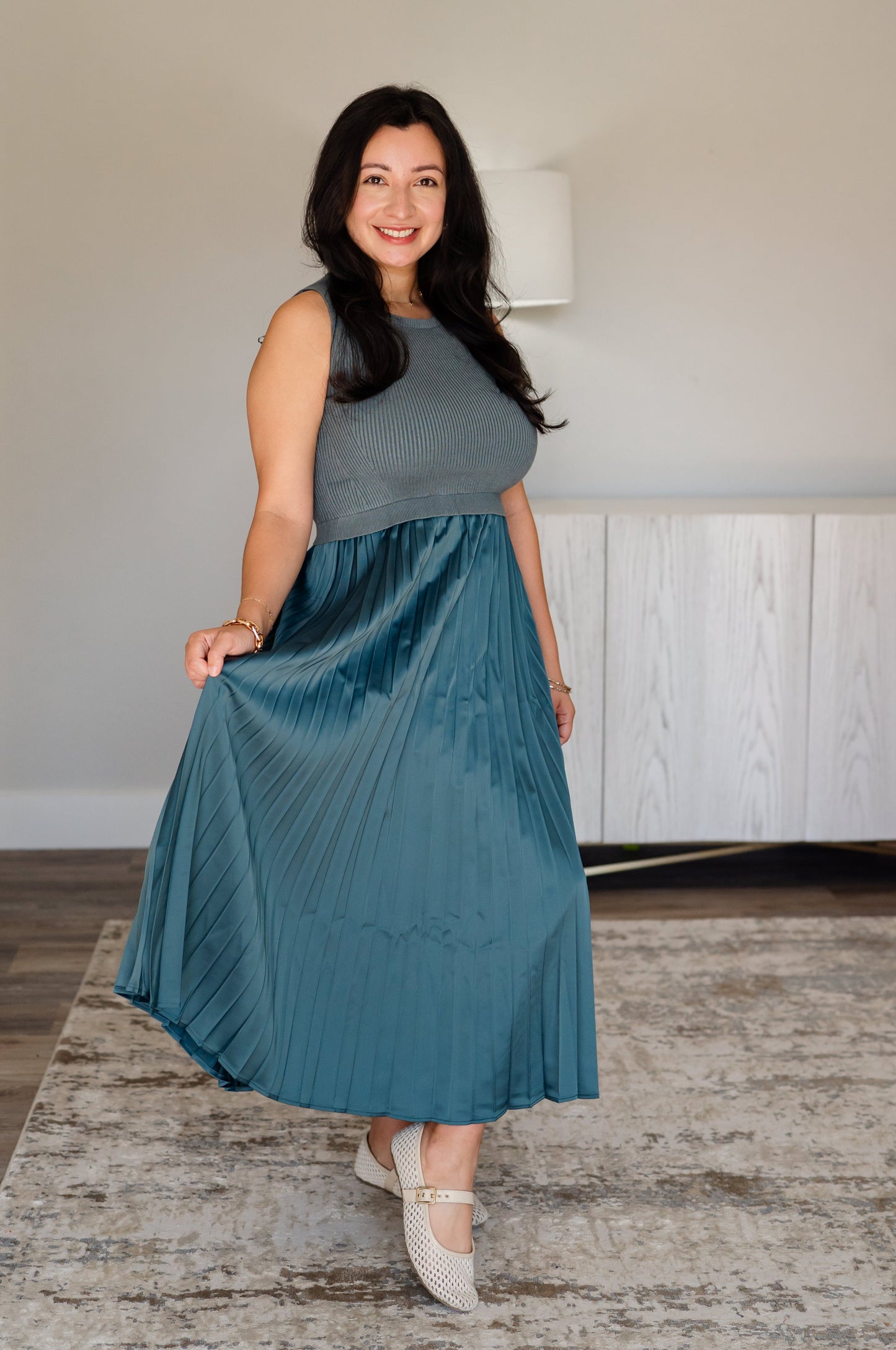 Mixed Media Pleated Midi Dress