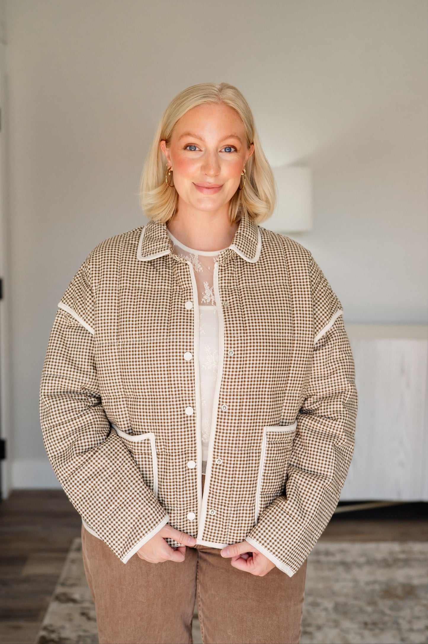 Gingham Piping Jacket - Mocha/Cream