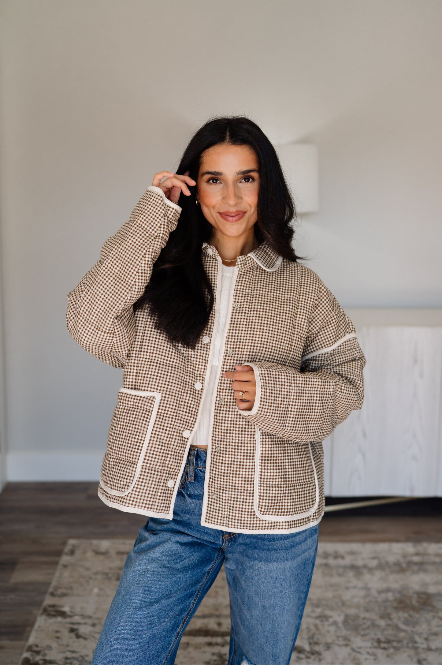 Gingham Piping Jacket - Mocha/Cream
