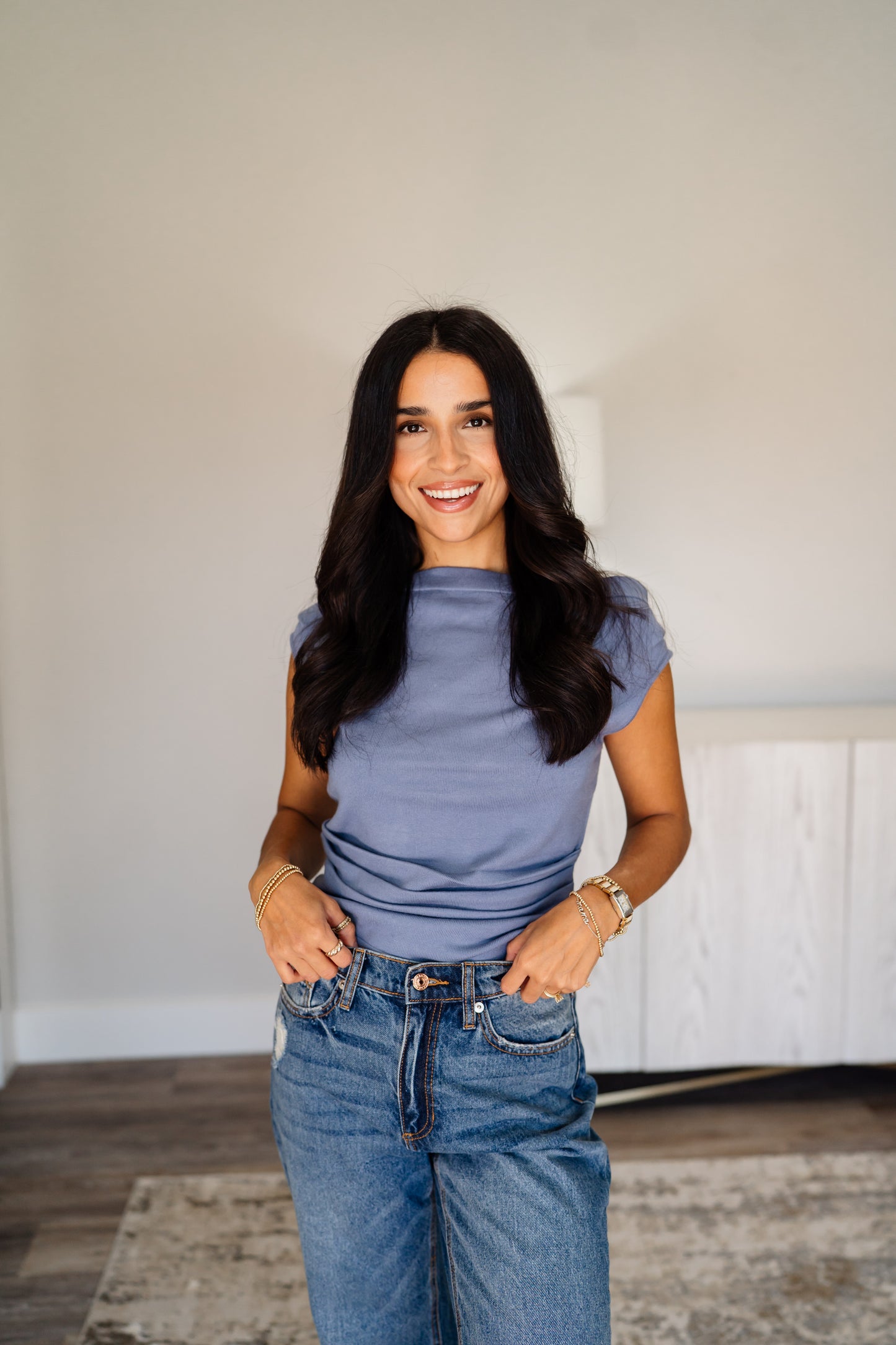 Wide Neck Pleated Knit Top