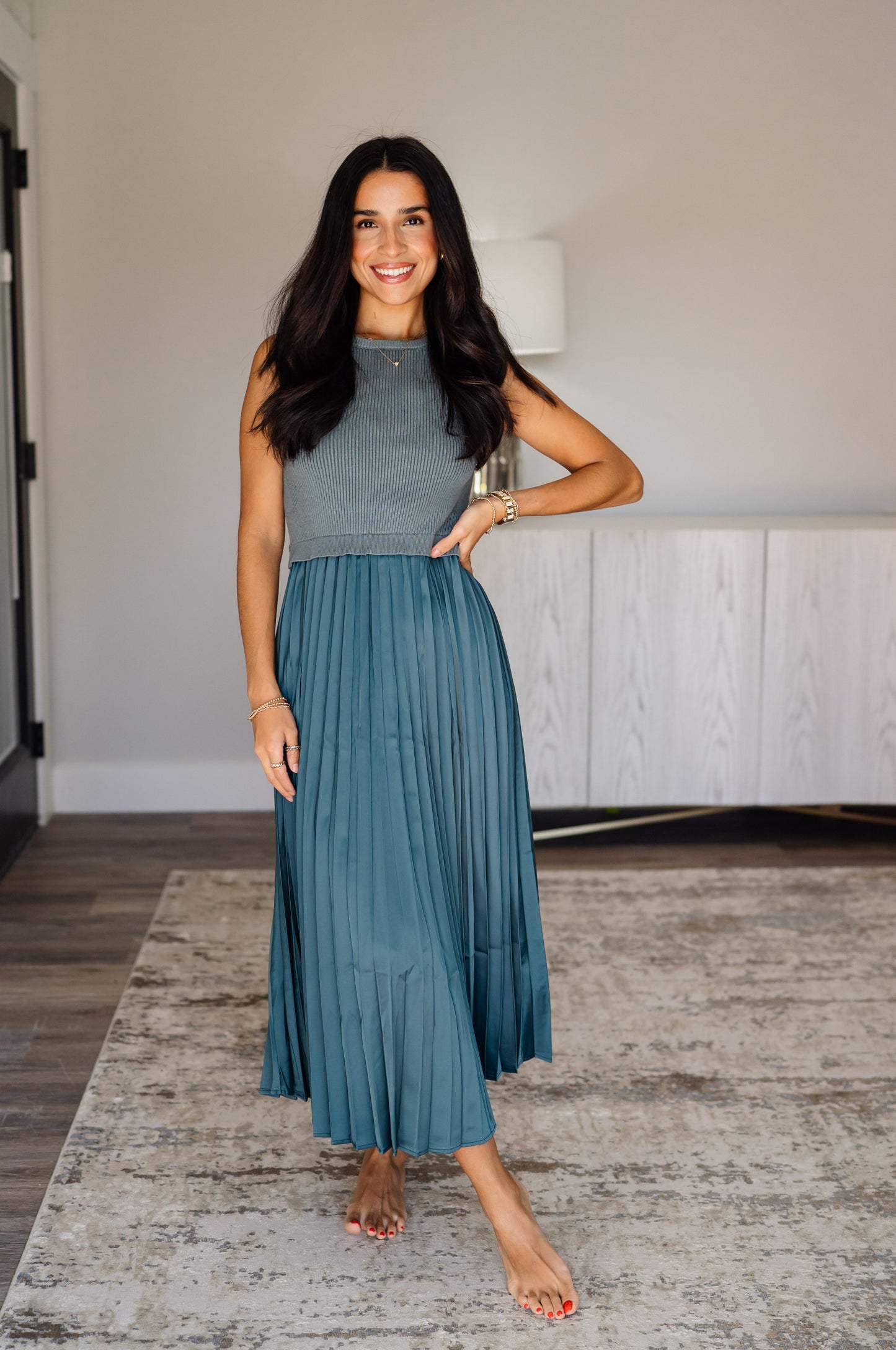 Mixed Media Pleated Midi Dress