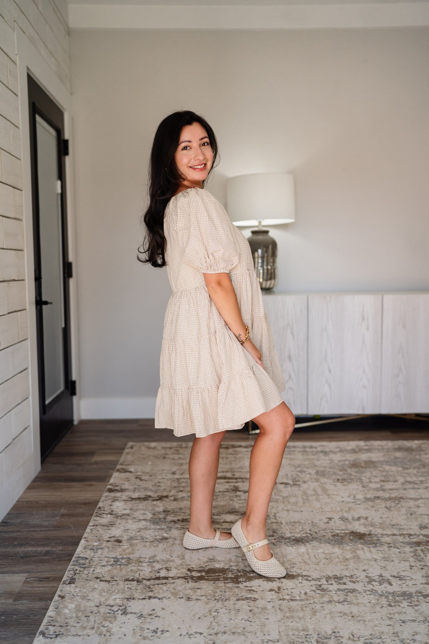 Gingham Puff Sleeve Tiered Dress - Ivory/Mocha