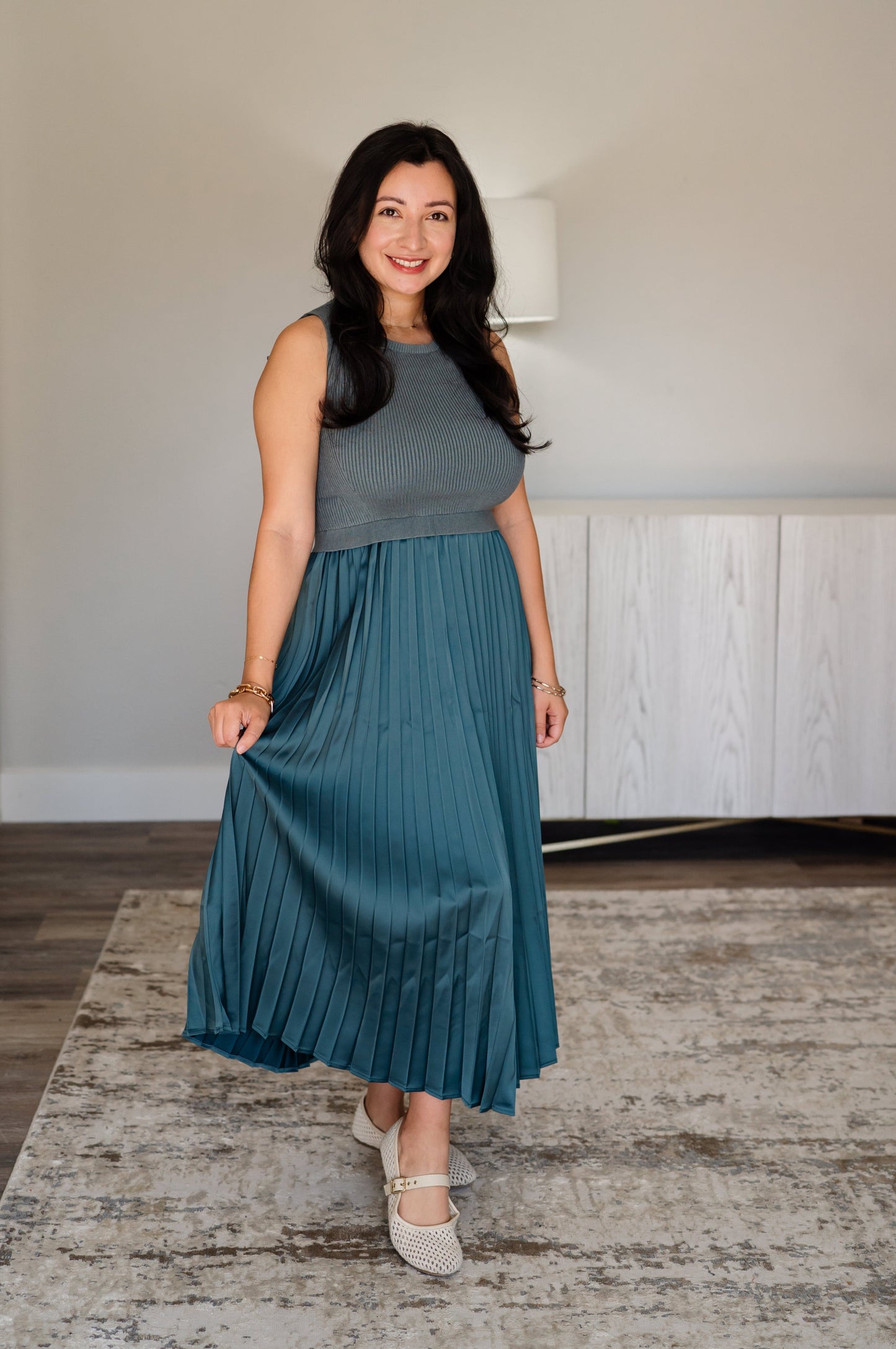 Mixed Media Pleated Midi Dress