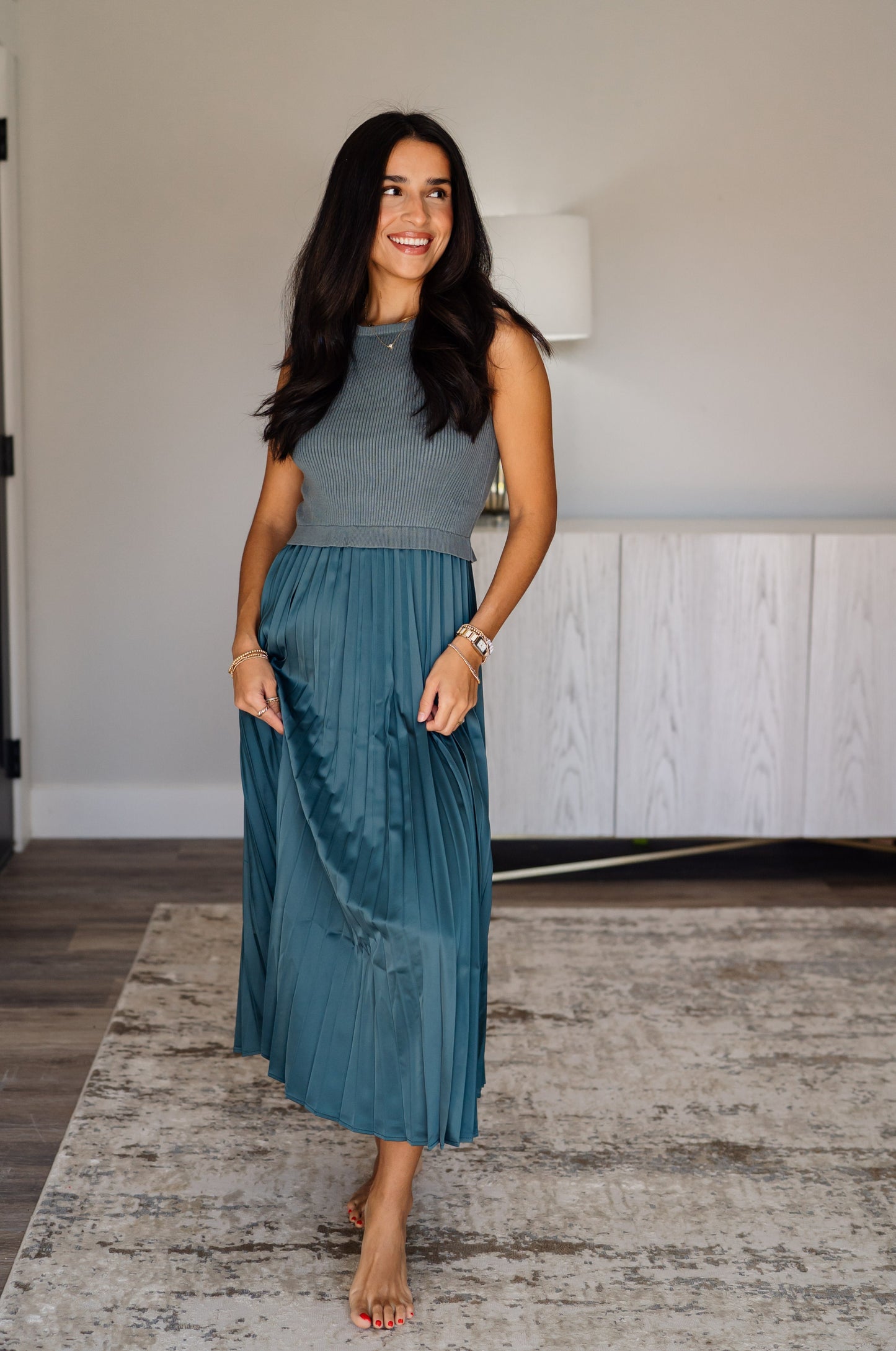 Mixed Media Pleated Midi Dress