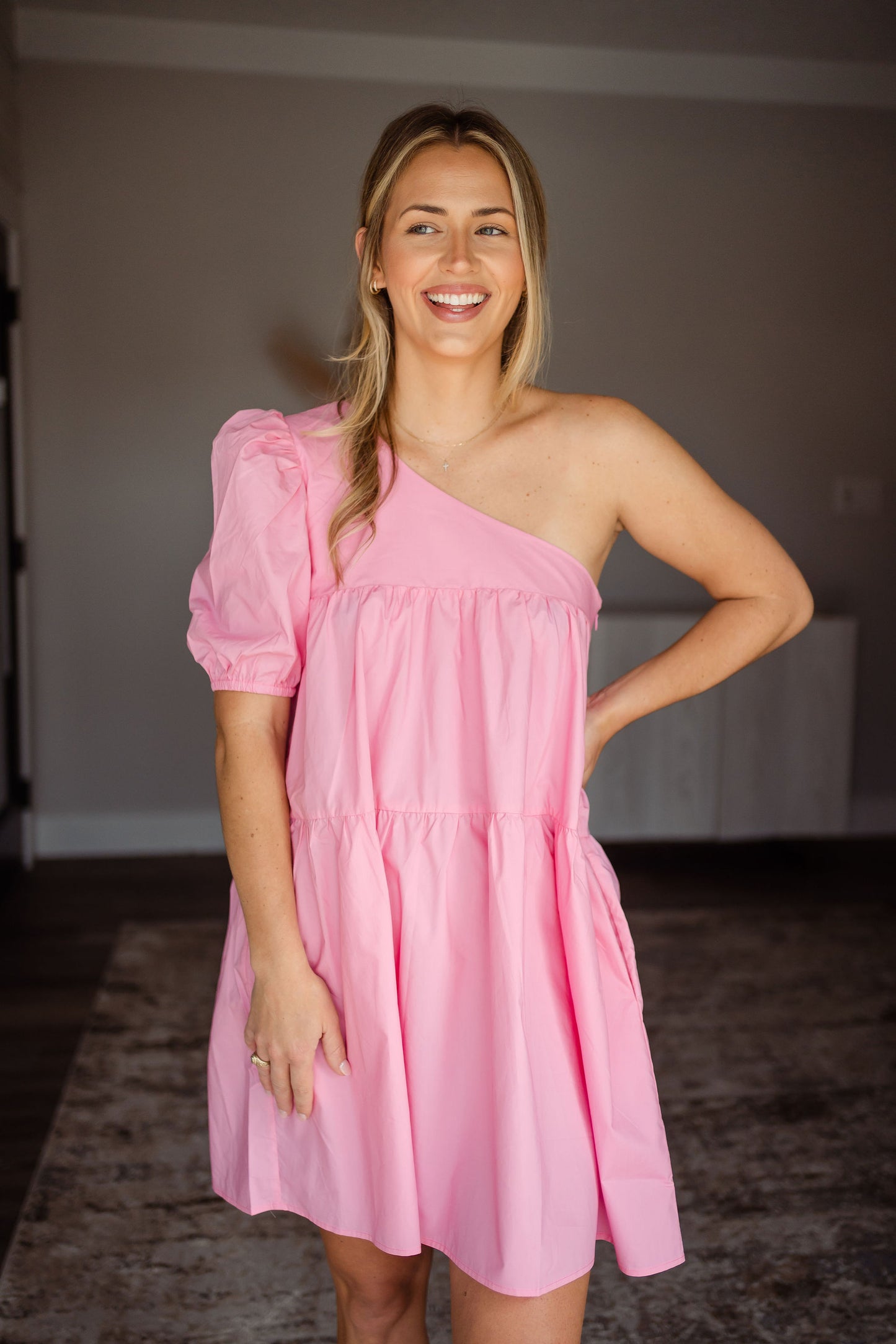 Pink Poplin One Shoulder Dress