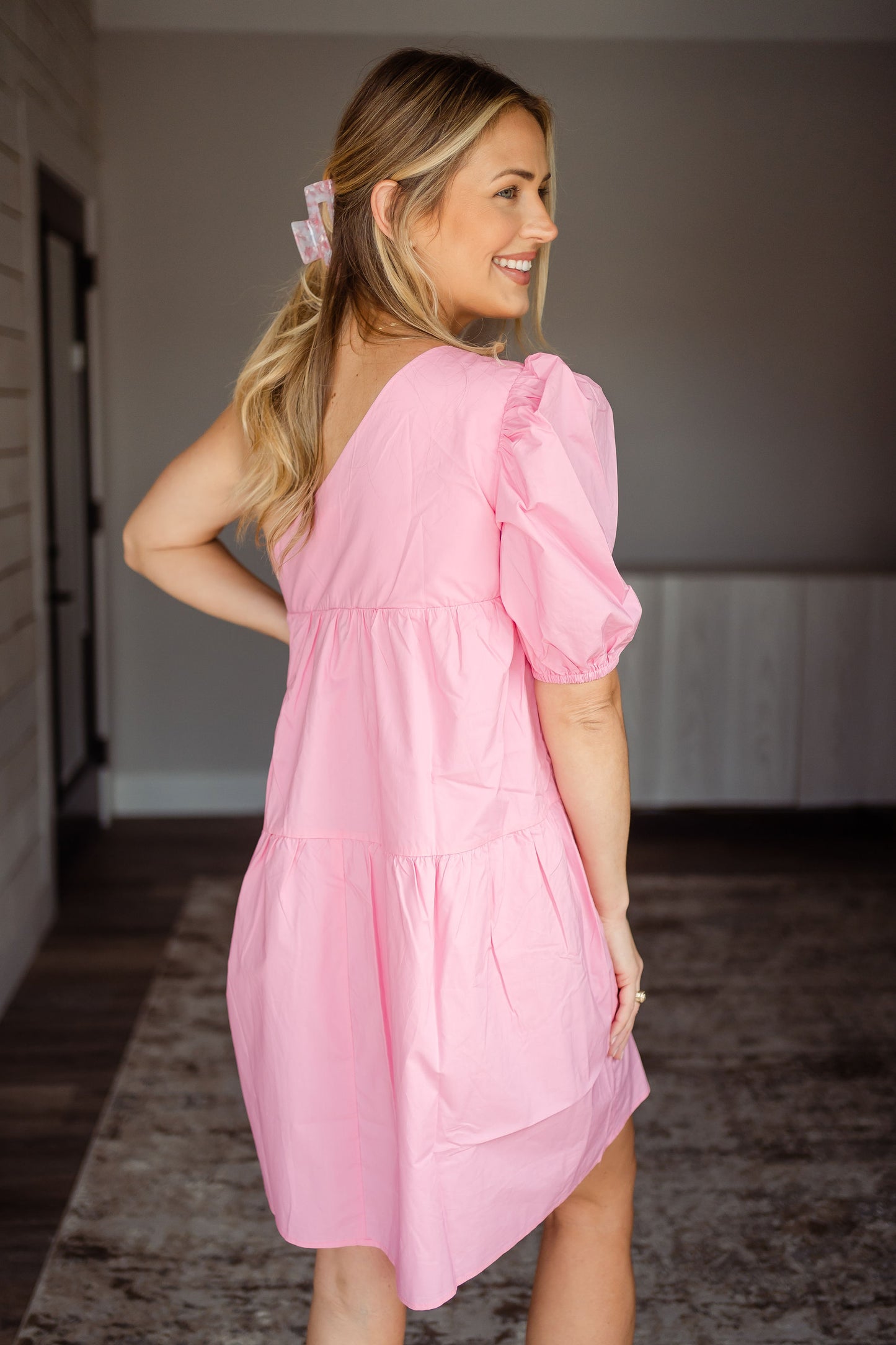 Pink Poplin One Shoulder Dress