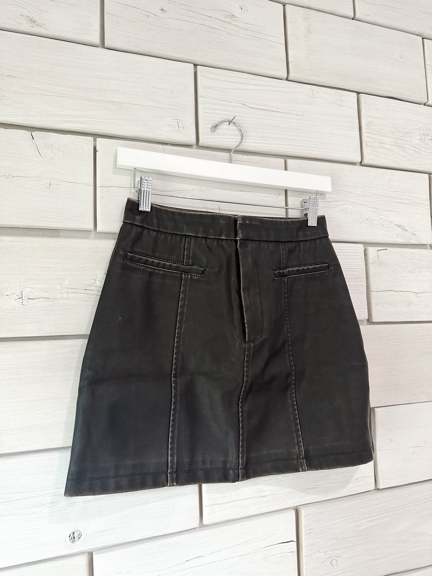 Washed Brown Leather Mini Skirt