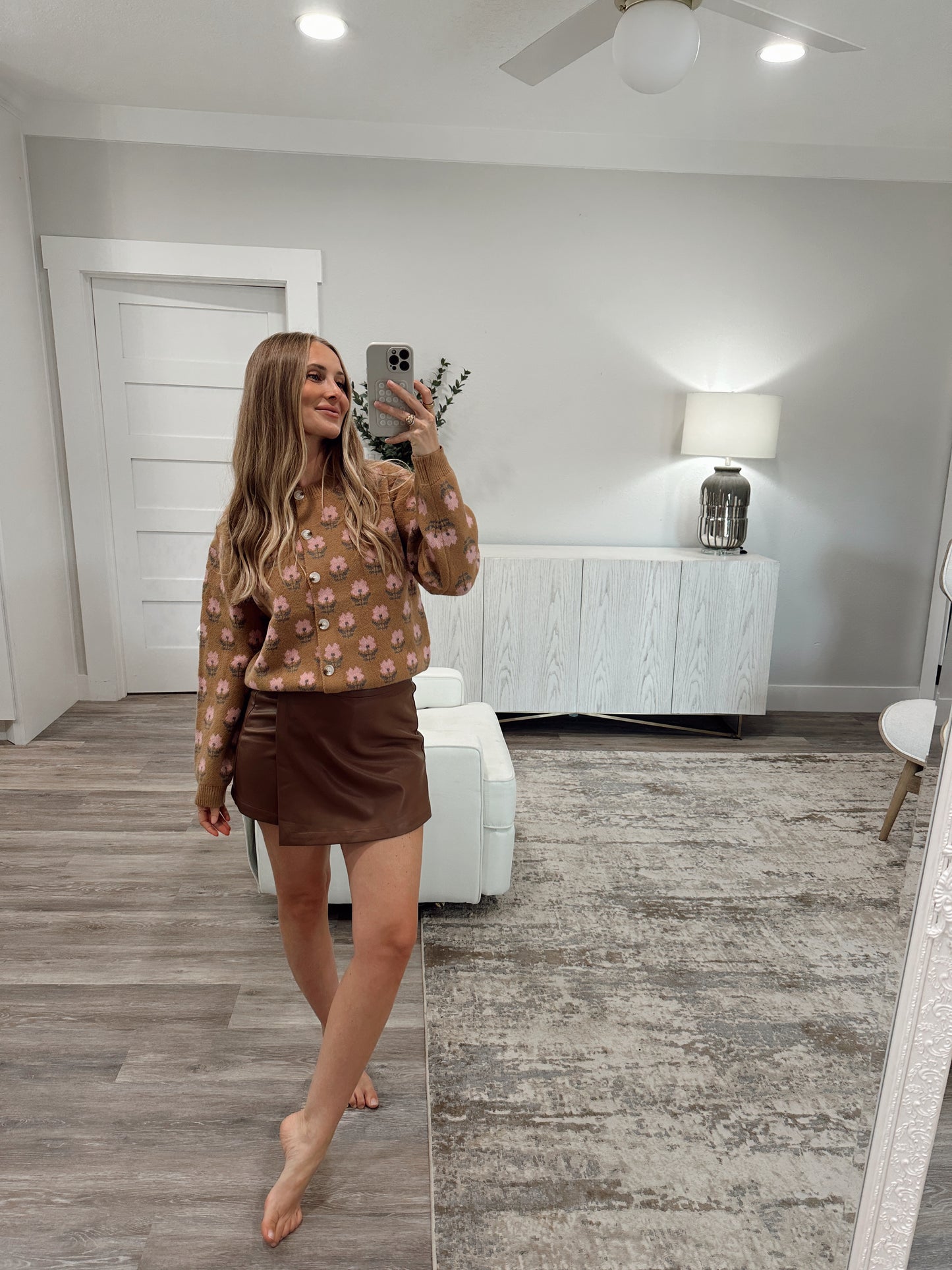 Floral Jacquard Cardigan - Mocha/Pink