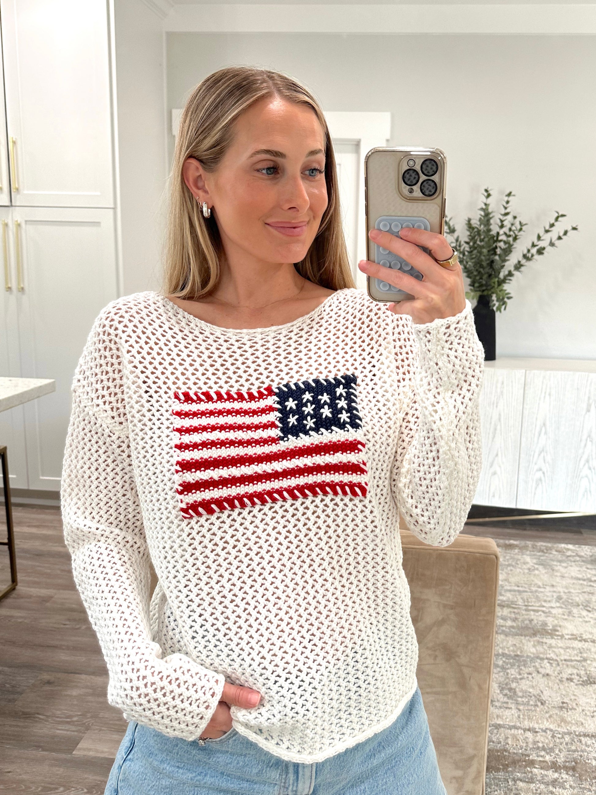 Hand Stitched American Flag OpenKnit Sweater All About You Boutique