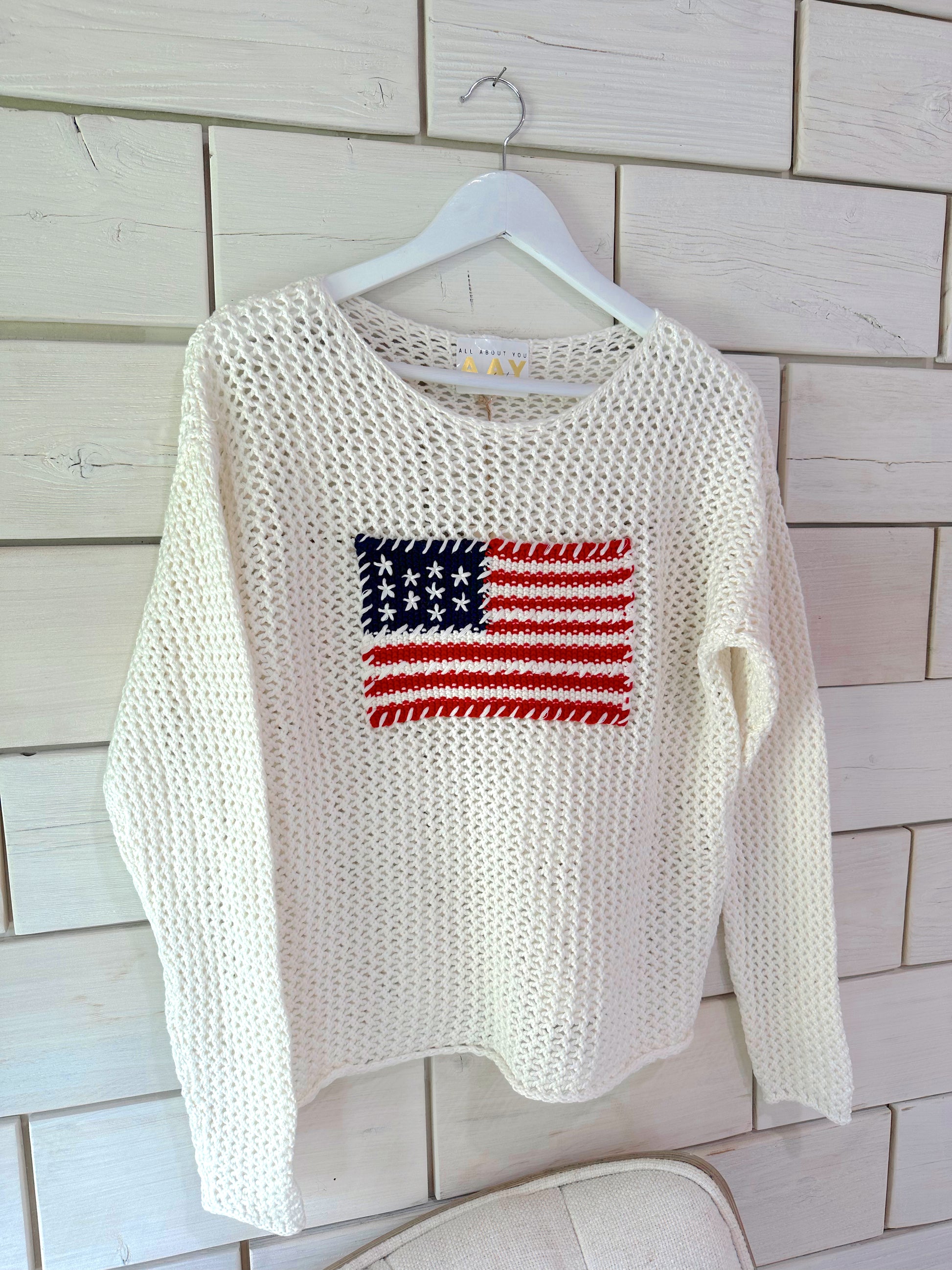 Hand Stitched American Flag OpenKnit Sweater All About You Boutique