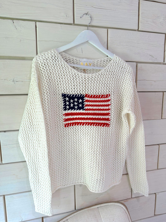 Hand Stitched American Flag Open-Knit Sweater