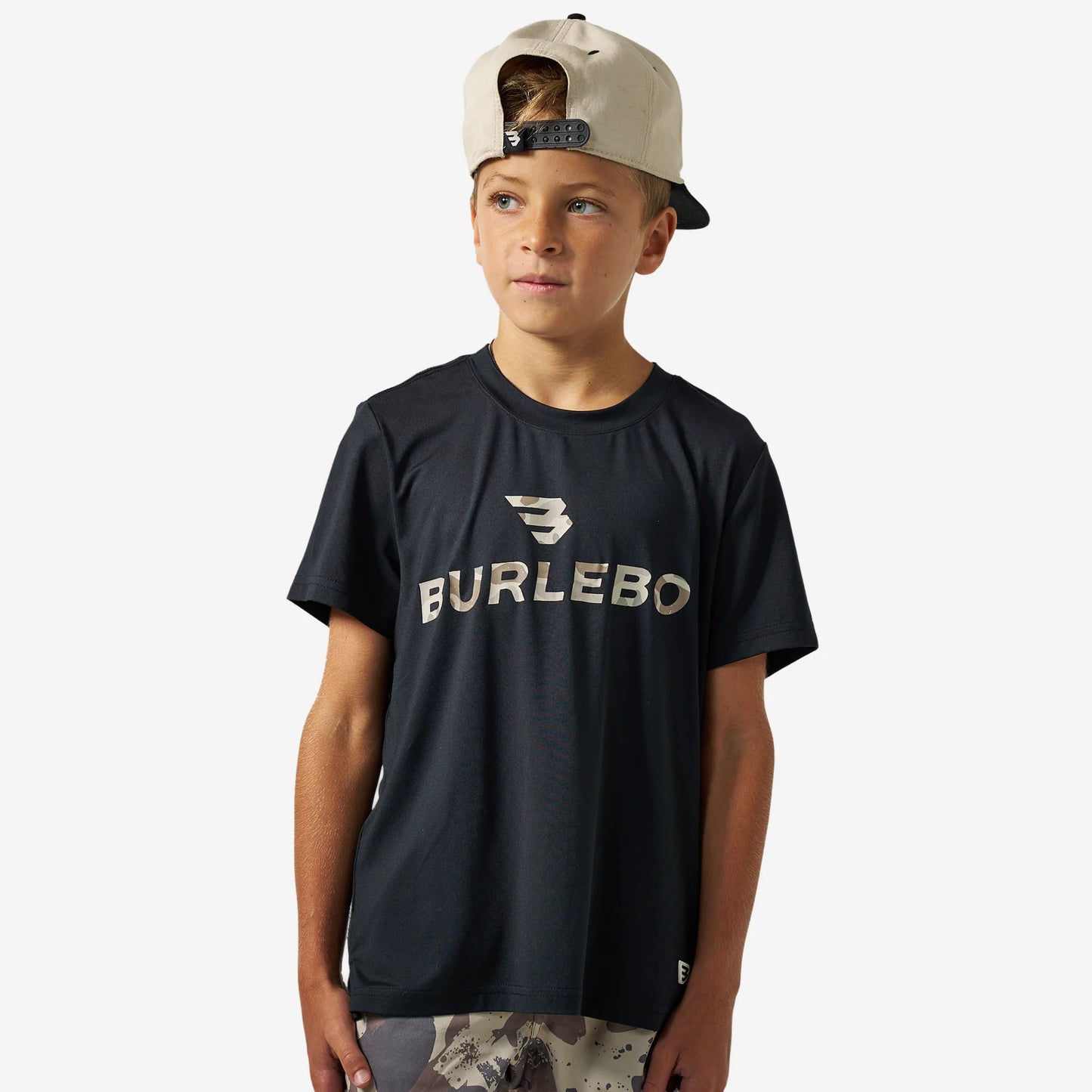 Boys Burlebo Go To Tee - Flying B Logo | Black & Classic Deer Camo