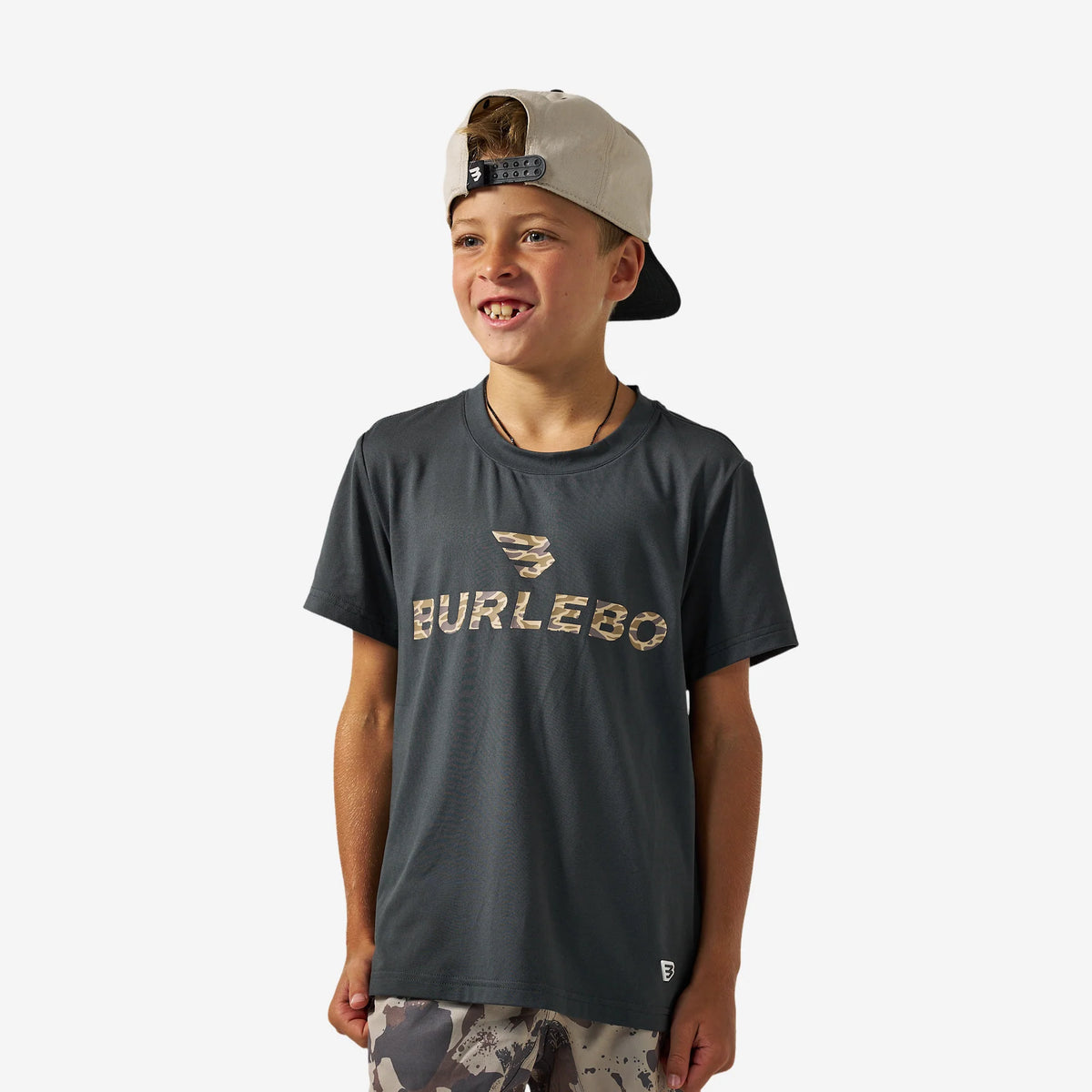 Boys Burlebo Go To Tee - Flying B Logo | Gun Metal Grey & Gauge Camo