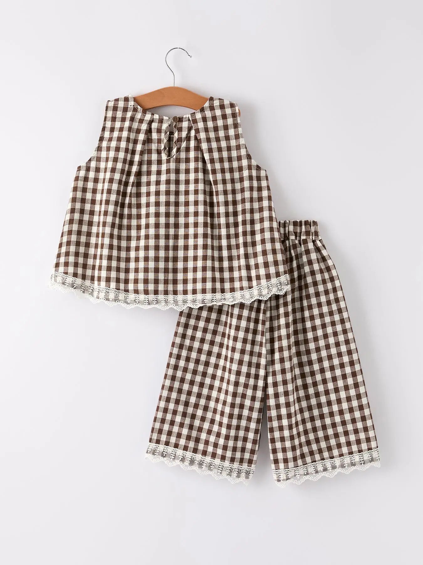 Coffee Color Plaid Top + Pant Set