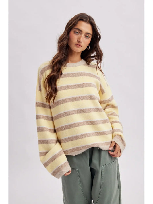 Oversized Multi Striped Crew Neck Sweater - Lemon/Mocha