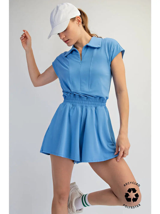 Butter Blue Short Sleeve Quarter Zip Romper