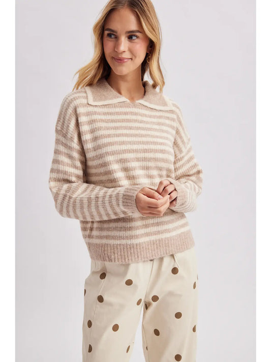 Striped Collared Notch Neck Sweater