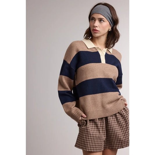 Colorblock Stripe Collared Sweater - Mocha/Navy