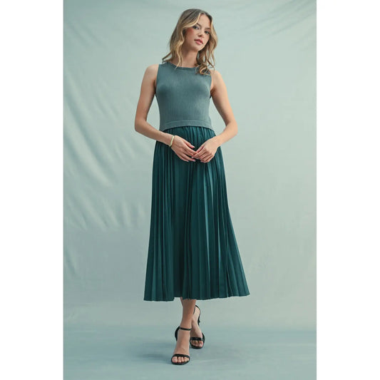 Mixed Media Pleated Midi Dress