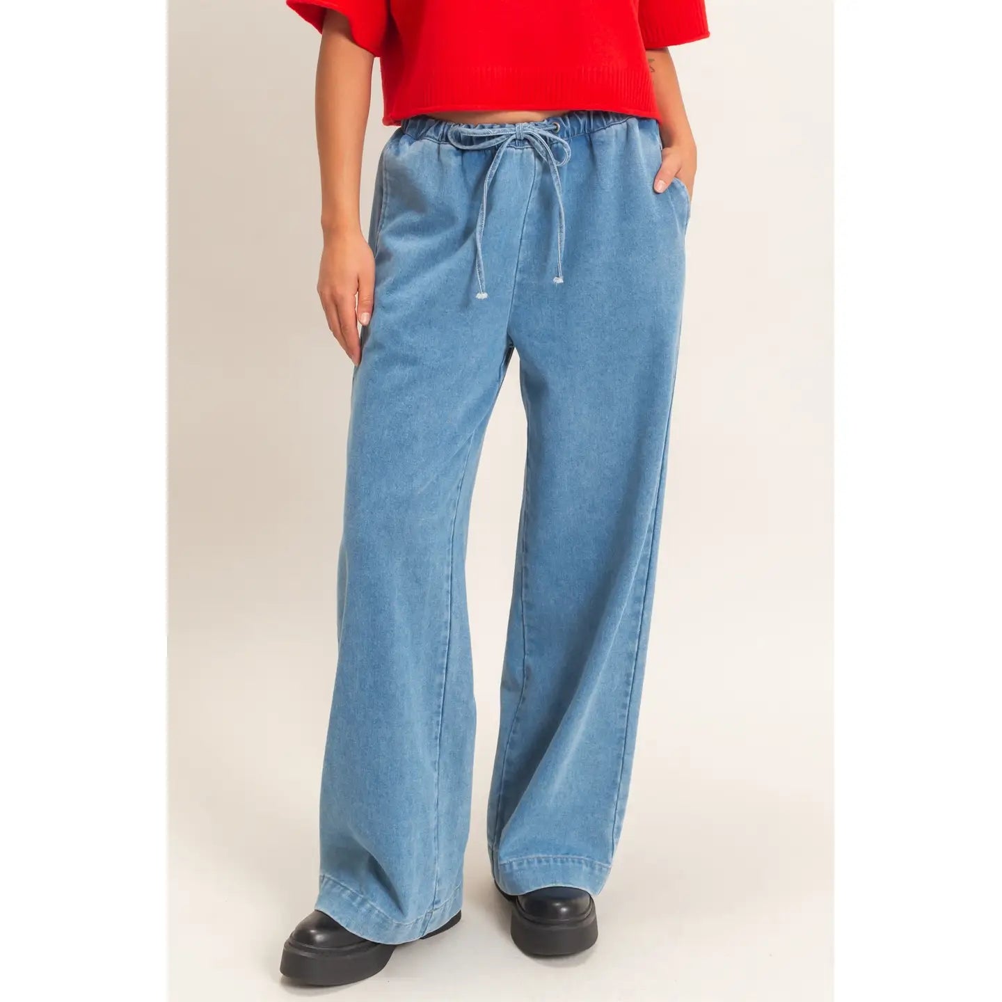 Elastic Waist Wide Leg Denim Pants - Medium Wash