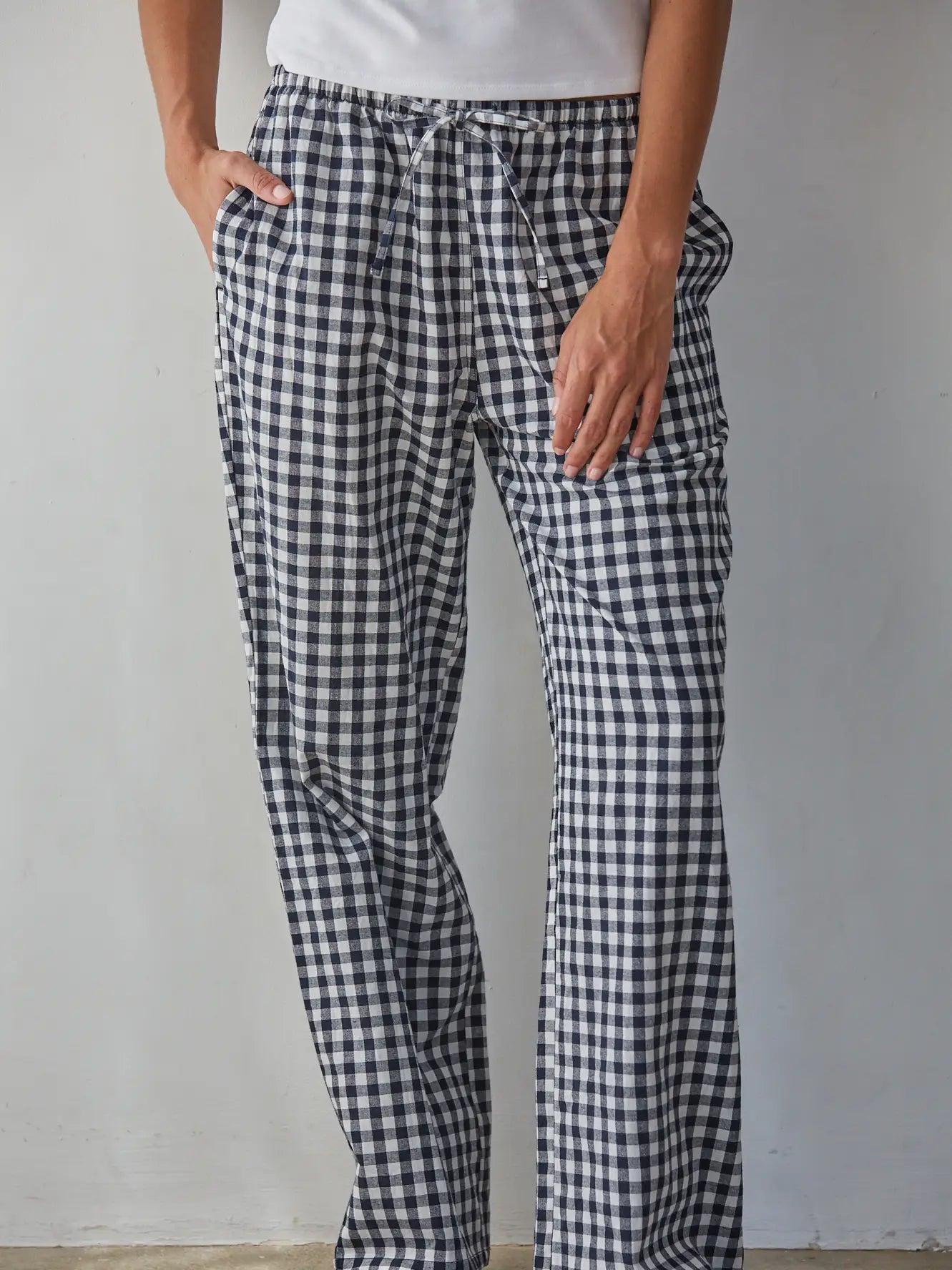 Navy Cotton Gingham Wide Leg Pants