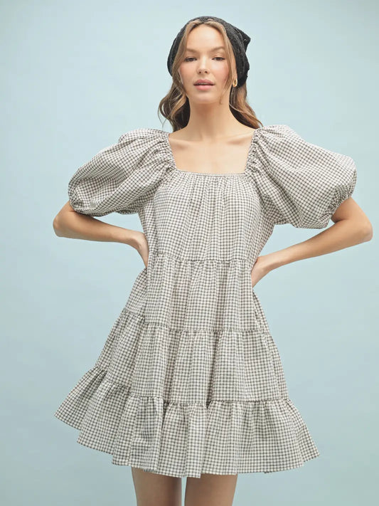 Plaid Puff Sleeve Tiered Dress