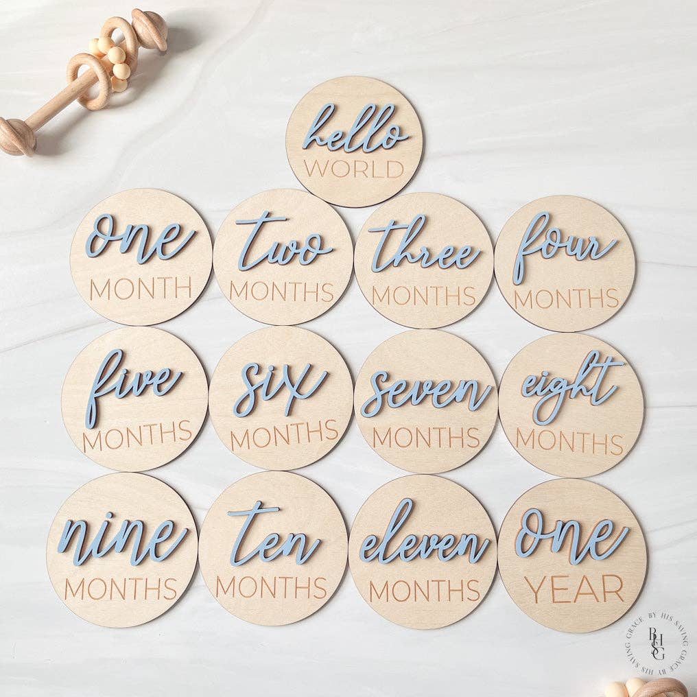 3D Wooden Monthly Milestone Discs w/ Light Blue Letters