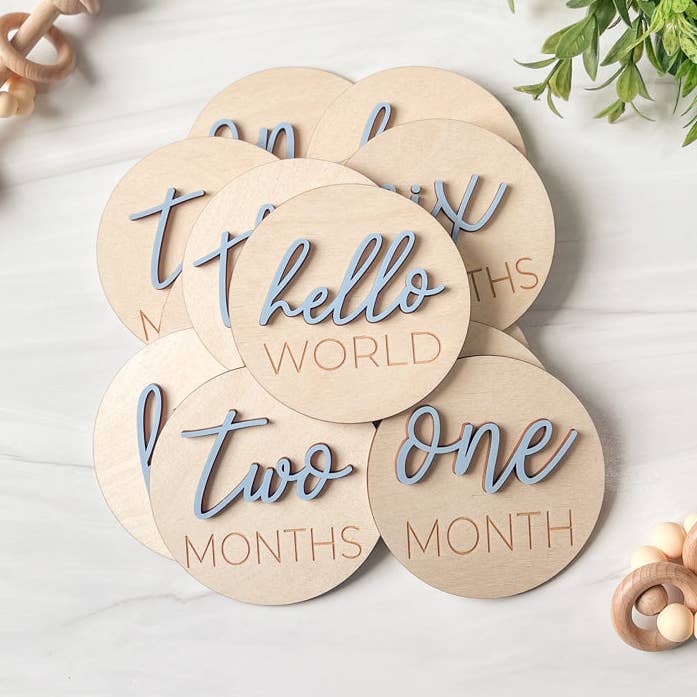 3D Wooden Monthly Milestone Discs w/ Light Blue Letters