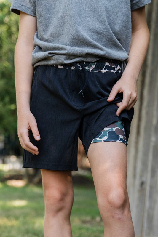 Boys Burlebo Athletic Shorts - Black Throwback Camo